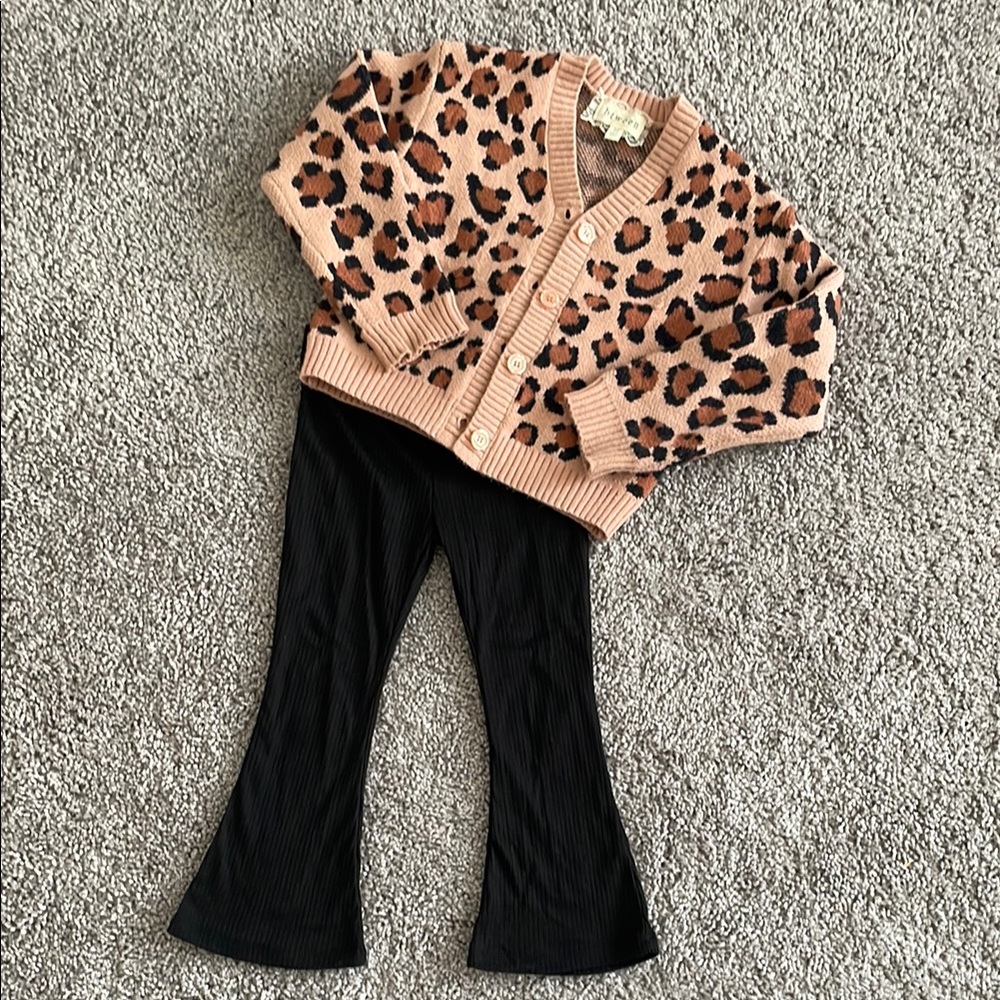 Leopard Print Cardigan and Black Pants Set